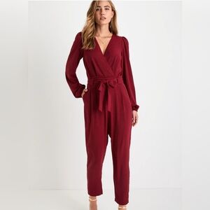NWT!!! Lulu's In the City Burgundy Surplice Long Sleeve Jumpsuit- size M
